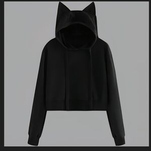 Black Cat Ear Cropped Hoodie Sweatshirt XXL